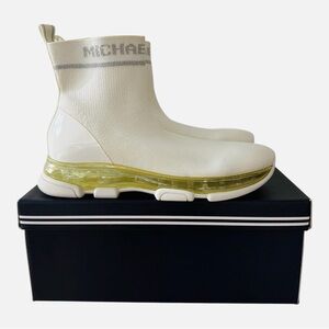 MICHAEL Michael Kors Kendra Cream Knit Sock Sneakers with Yellow Sole Accent